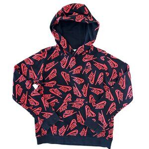 Nike Boys Hoodie All Over Print Swoosh Black Red Swoosh Size Large Youth